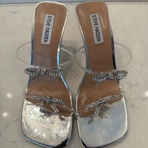 Steve Madden Silver Heels with rhinestone bows